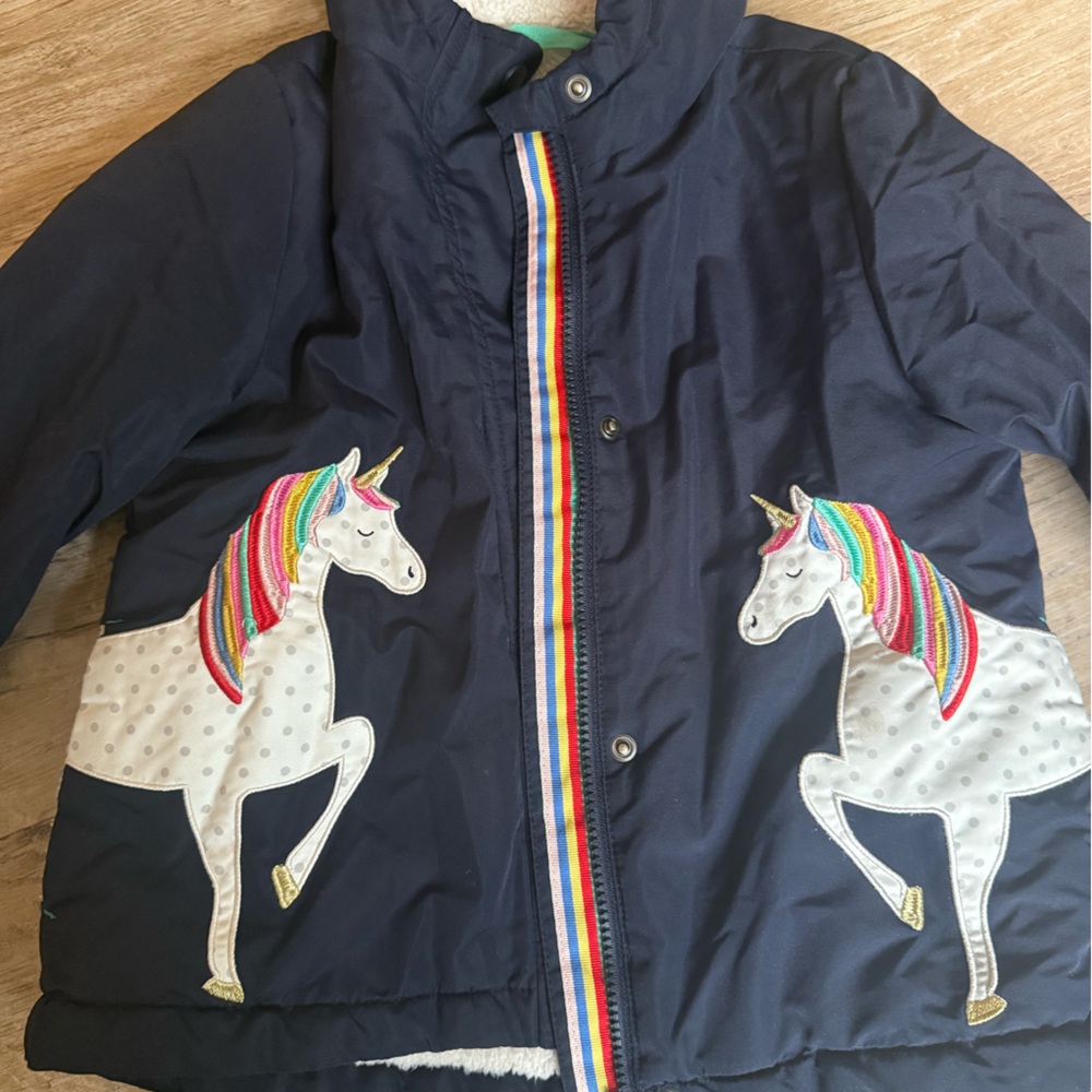 Mini Boden Navy Unicorn Wintercoat with Rainbow Details